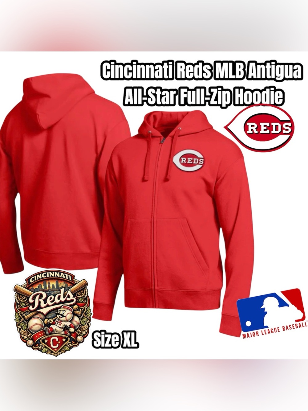 Cincinnati Reds MLB Antigua Men's All-Star Full-Zip Hoodie, Size XL (Red)